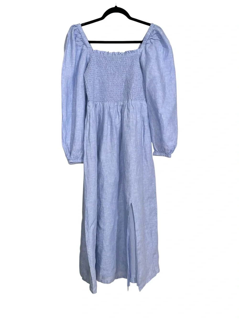 J. Crew Linen Daydream Blue Smocked Long Balloon Sleeve Midi Dress SMALL TALL